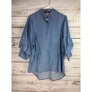 Minimal Blue Chambray Button Down Top Medium Balloon Sleeves Boho Coastal Career